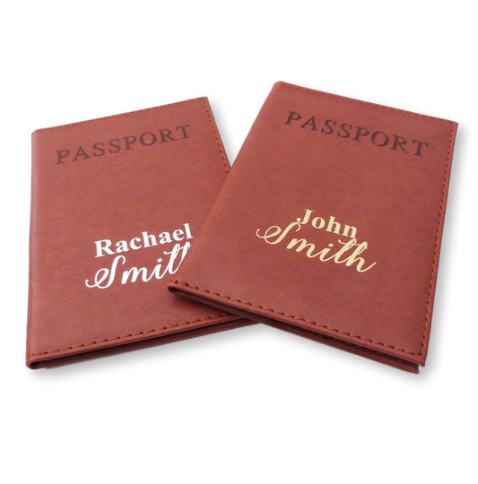 Personalised Brown passport cover Mr & Mrs wedding travel gift honeymoon gold silver foil print