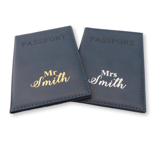 Personalised Navy passport cover Mr & Mrs wedding travel gift honeymoon gold silver foil print