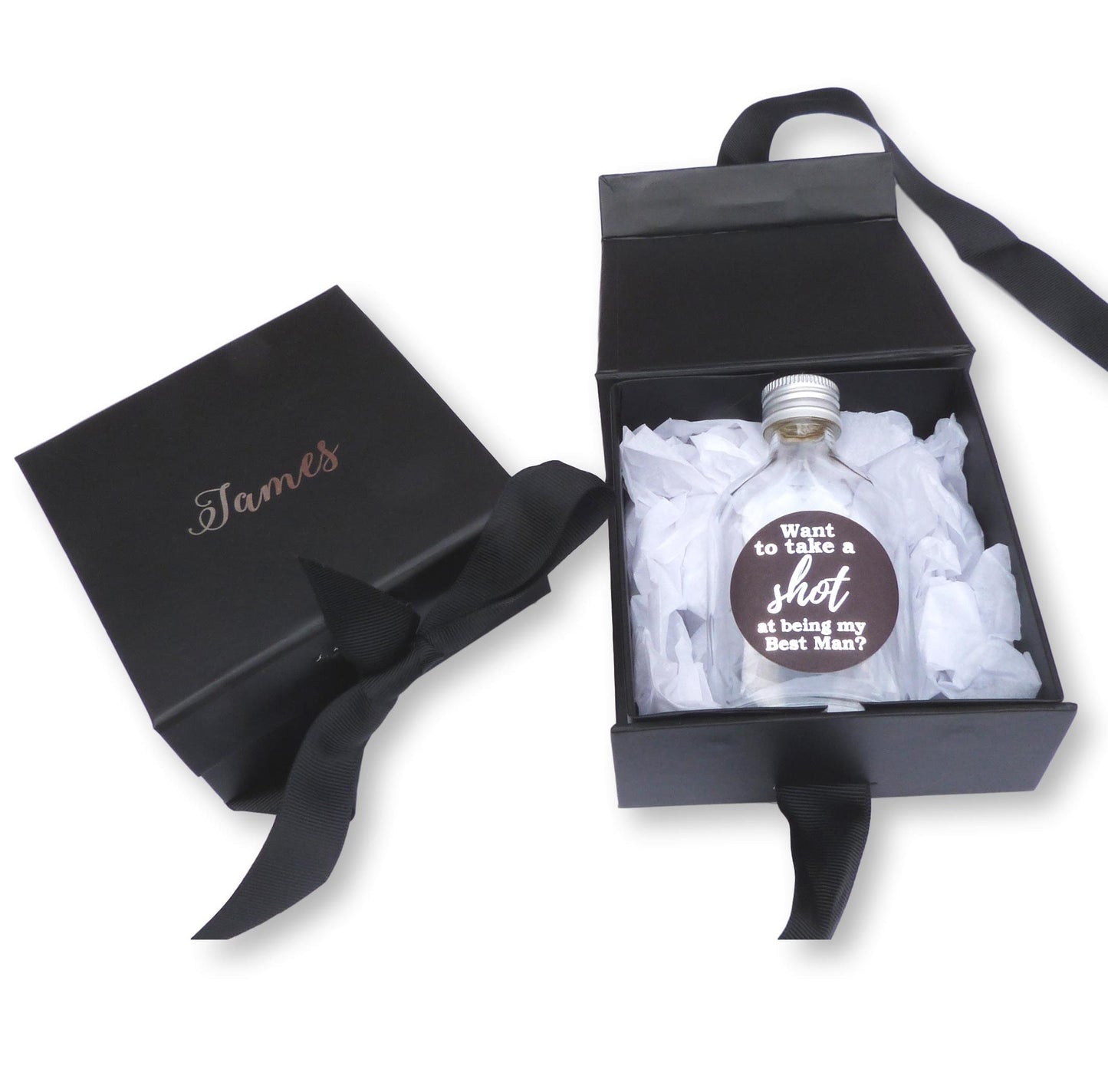 Personalised black bridesmaid proposal box take a shot bottles 5cl Miniature gold silver foil print