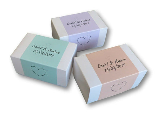 10 X Personalised white cake boxes with personalised coloured label wedding birthday party