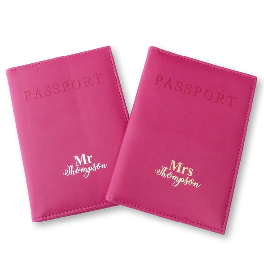 Personalised Pink passport cover Mr & Mrs wedding travel gift honeymoon gold silver foil print hen party