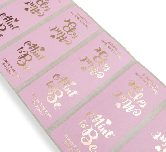 Mint to be personalised pink labels gold foil metallic print stickers Tic tacs wedding favour