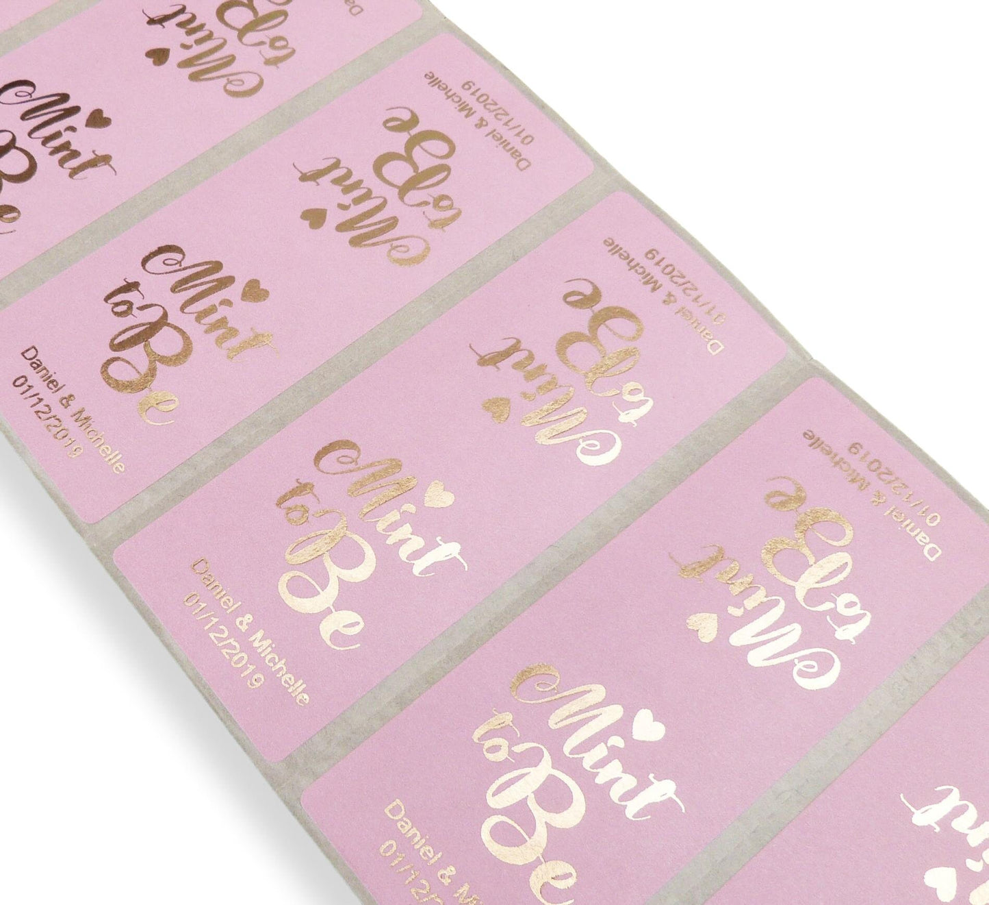 Mint to be personalised pink labels gold foil metallic print stickers Tic tacs wedding favour