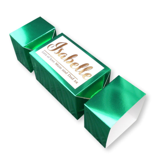 Personalised christmas Green metallic cracker gift box with printed name/ message