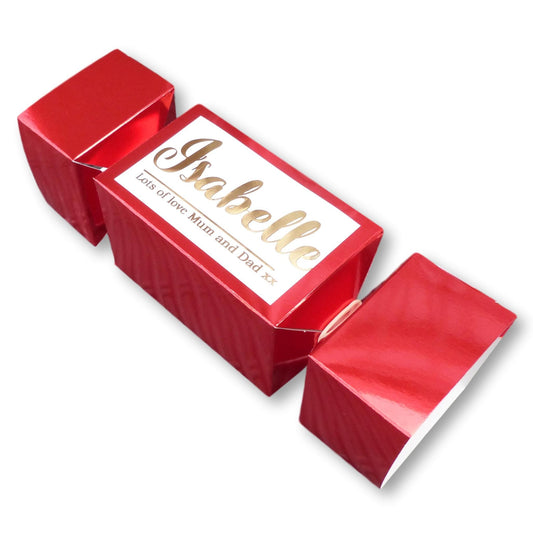 Personalised christmas Red metallic cracker gift box with printed name/ message