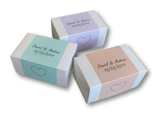 50 X Personalised white cake boxes with personalised coloured label wedding birthday party