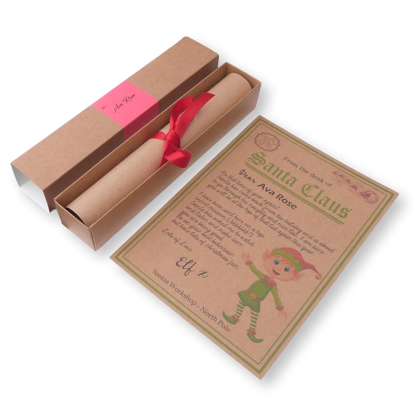Printed personalised Elf arrival letter from santa in scroll box, any name