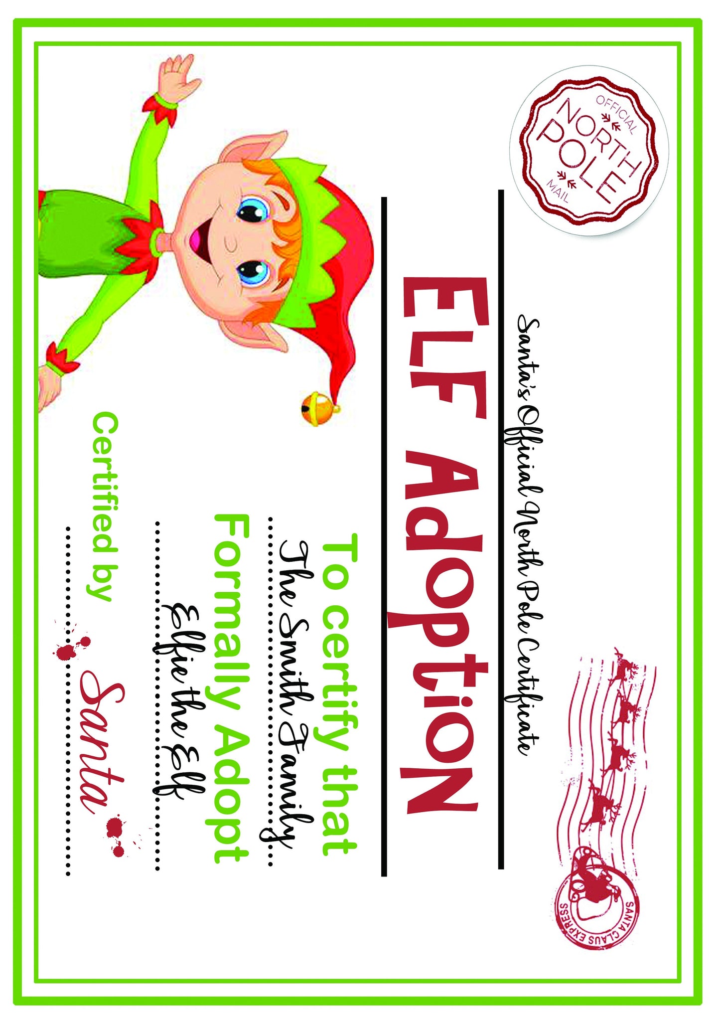 Personalised elf adoption certificate printed name and family children's Christmas activity