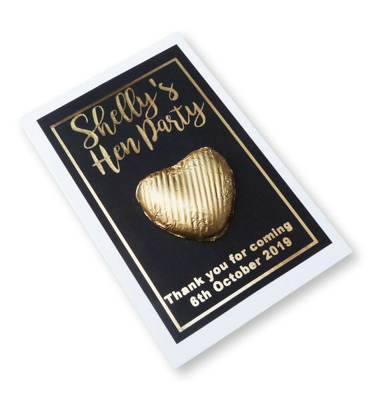 10 x Black Personalised A7 hen party favor gold foil printed thank you with chocolate hearts