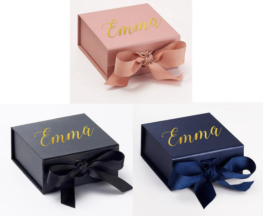 Personalised magnetic gift box ribbon tie- gold/ silver foil print wedding, bridesmaids, groomsmen, christmas