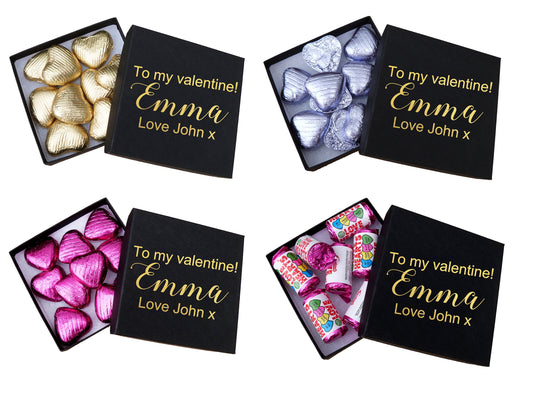 Personalised chocolates gift box gold foil valentines day name message love heart sweets gift