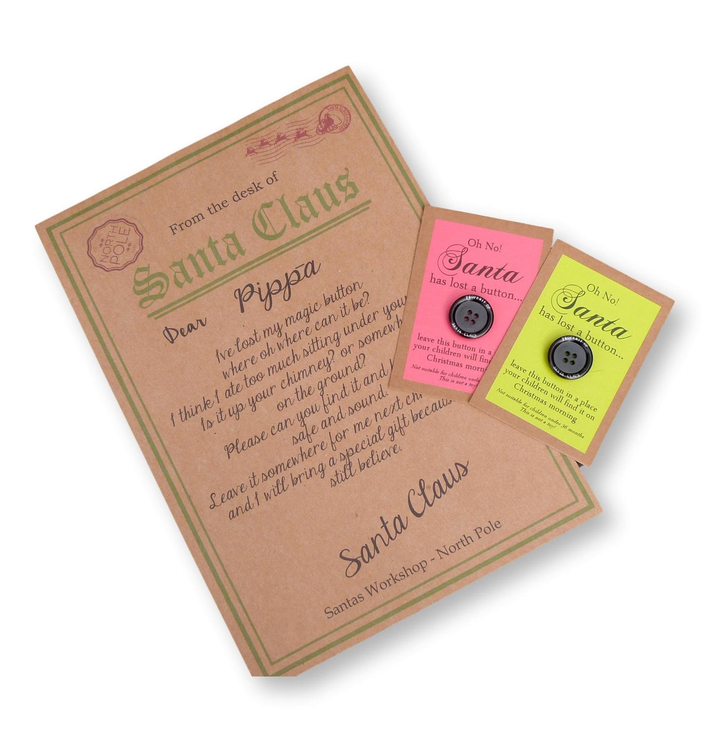Santa’s Lost Button card, personalised letter christmas eve christmas day activity father christmas scroll box