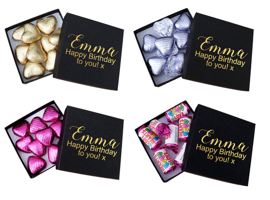Personalised chocolates gift box gold foil Happy birthday name message love heart sweets