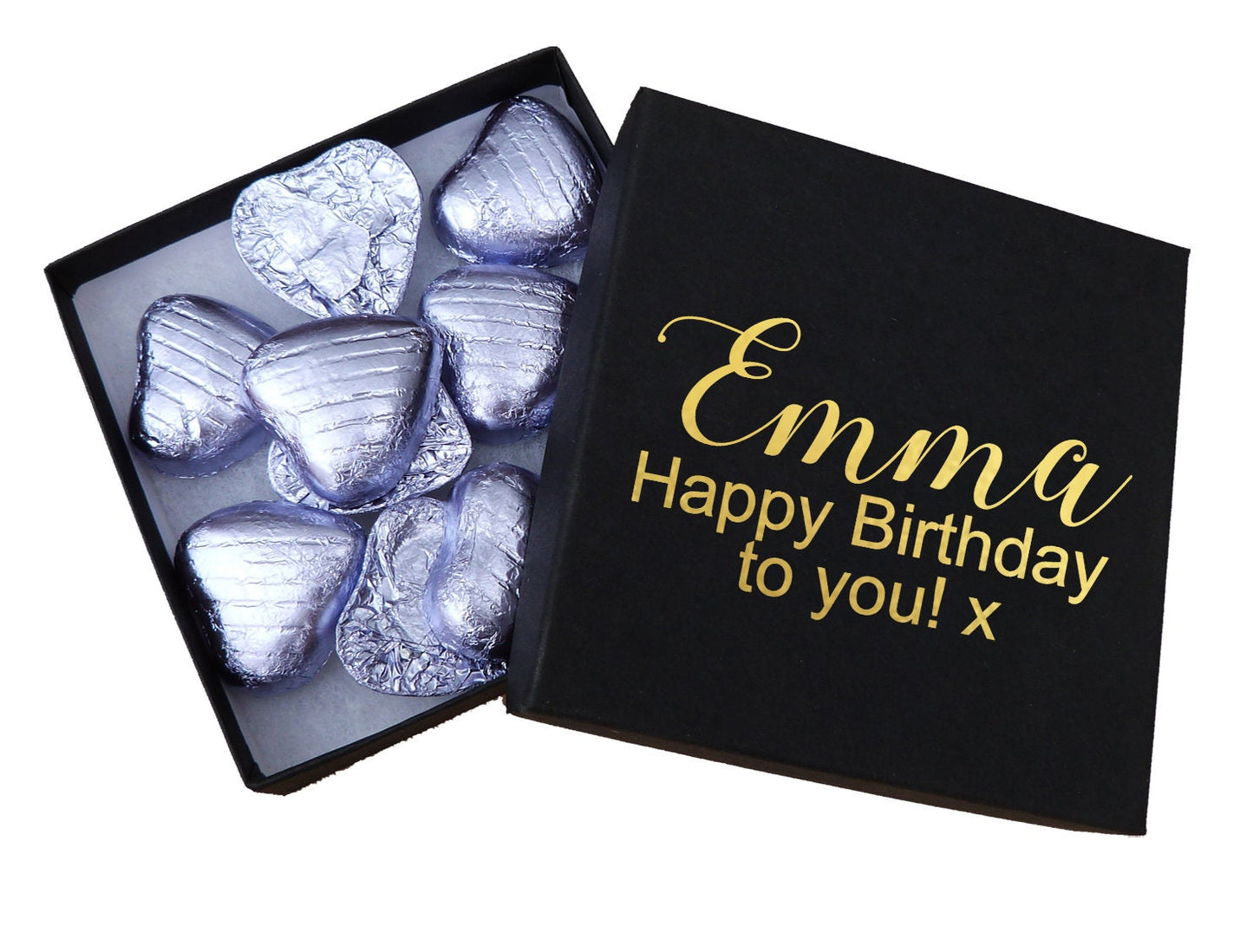 Personalised chocolates gift box gold foil valentines day name message love heart sweets gift