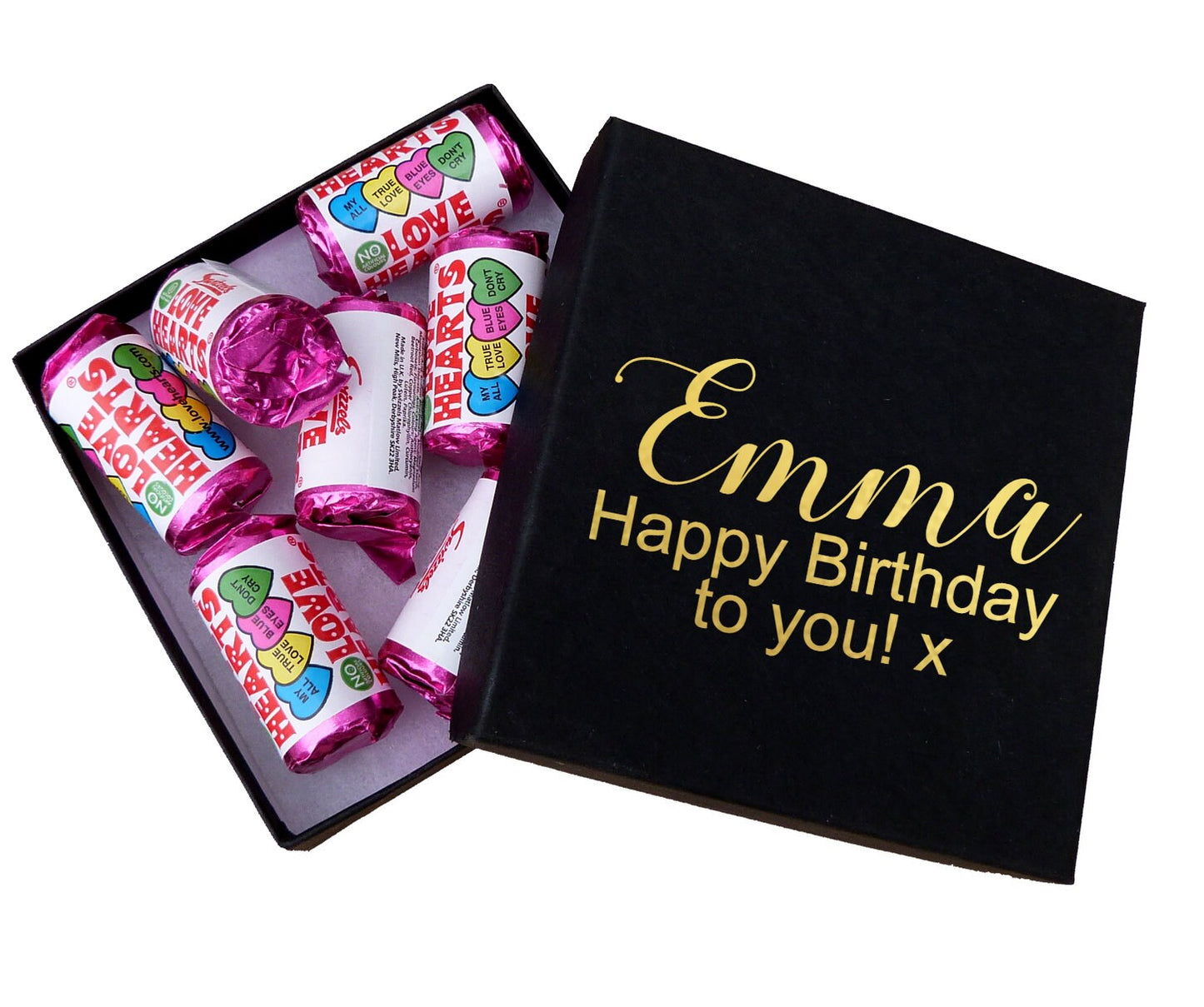 Personalised chocolates gift box gold foil Happy birthday name message love heart sweets