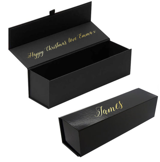 Personalised black wine bottle box gold foil name christmas birthday gift and inside message champagne prosecco