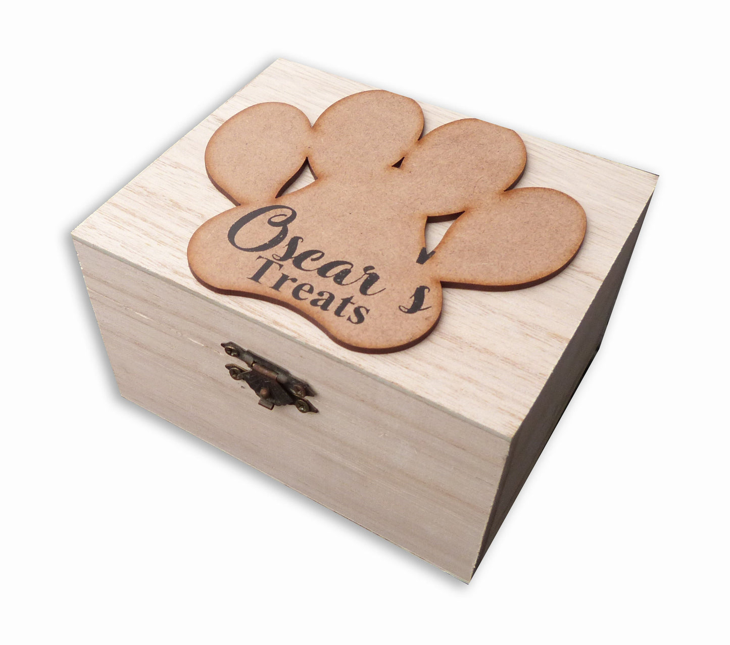 personalised wooden pet treat box dog treat storage cat pawprint motif