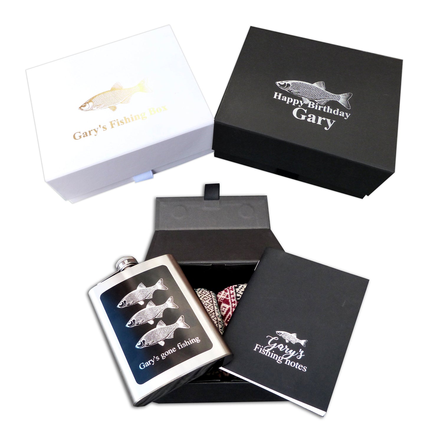 Personalised Fishing gift box socks, notebook, hip flask fisherman christmas box