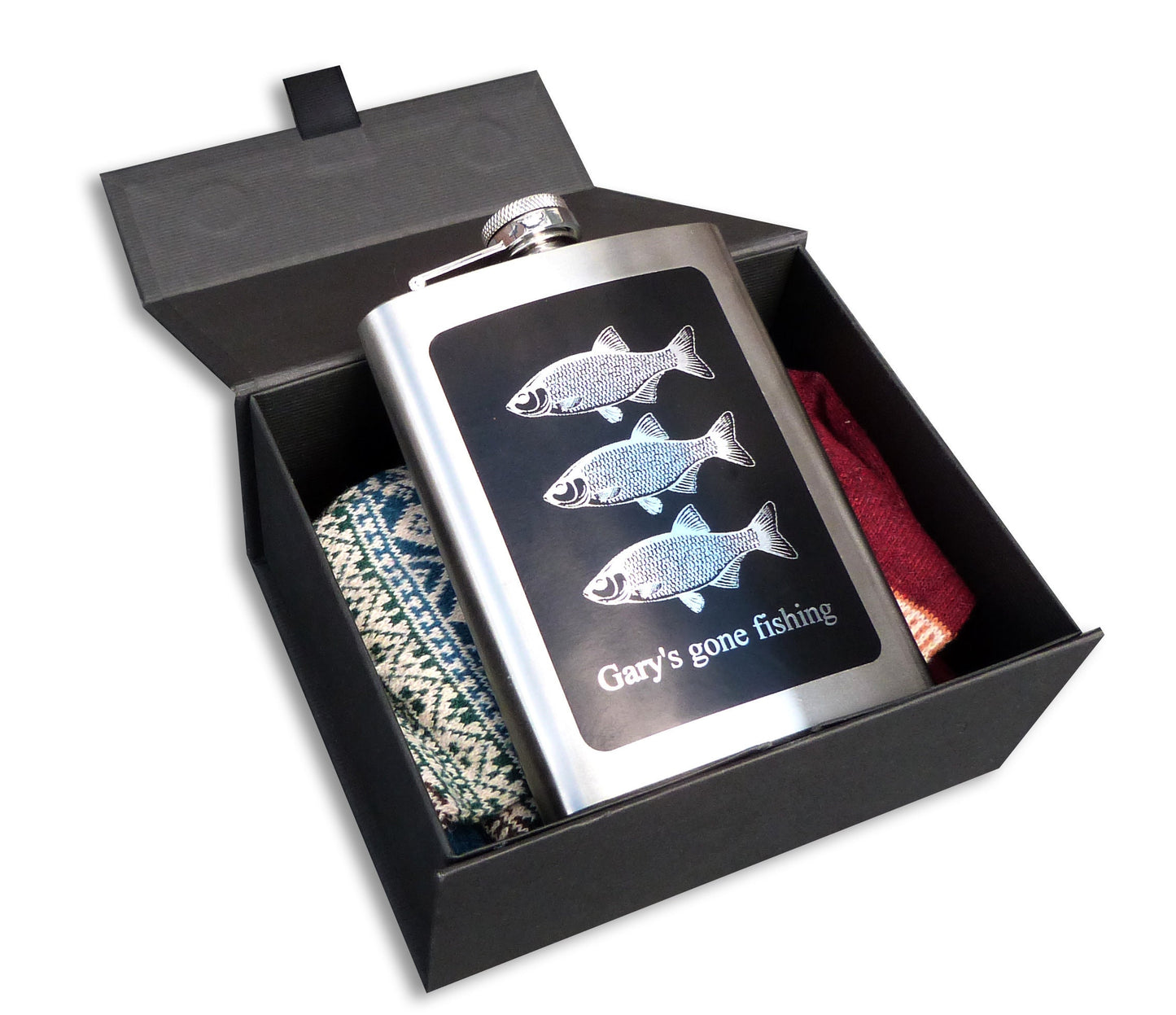 Personalised Fishing gift box socks, notebook, hip flask fisherman christmas box