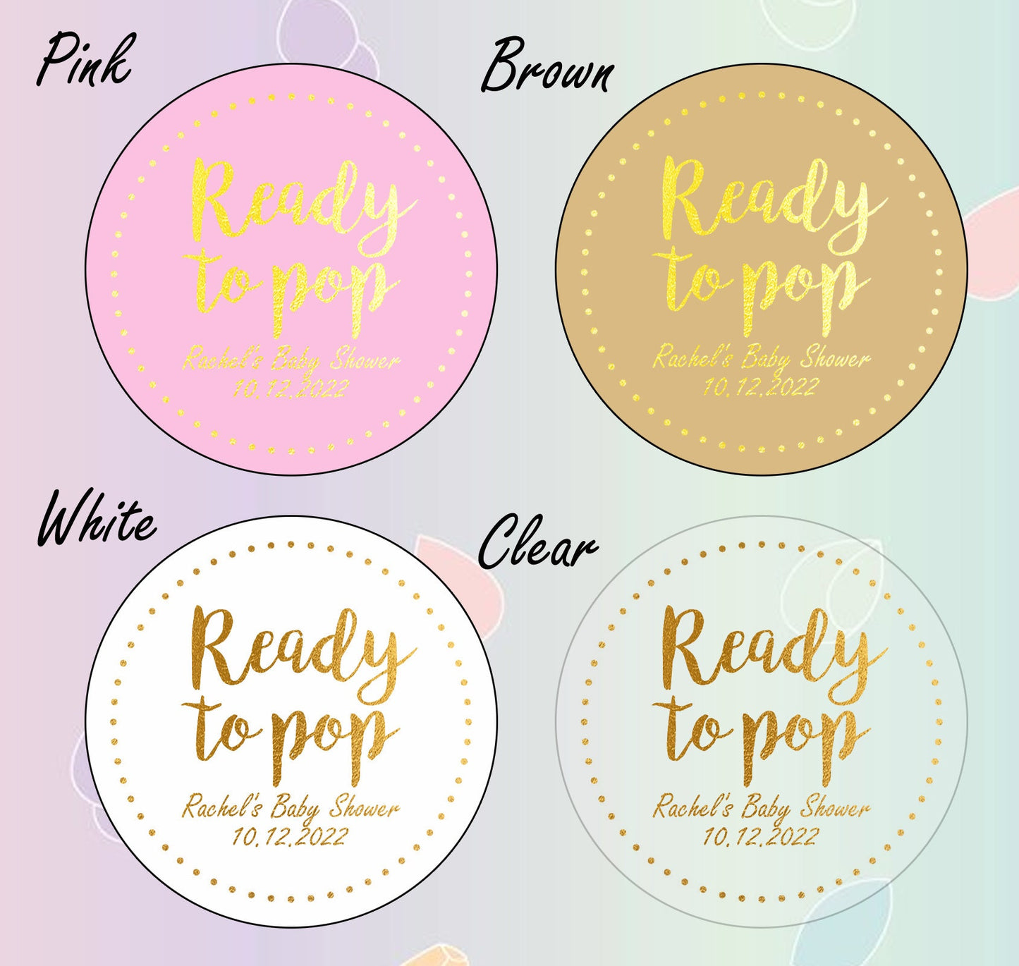 50 x 45mm round ready to pop baby shower gold foil personalised labels stickers pink, brown, white clear