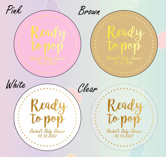 50 x 45mm round ready to pop baby shower gold foil personalised labels stickers pink, brown, white clear