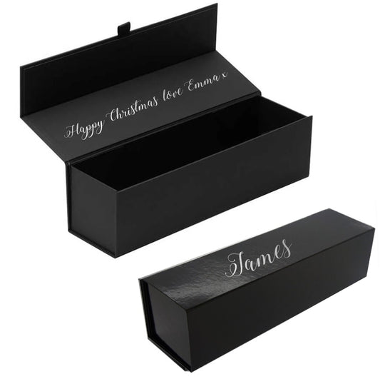 Personalised black wine bottle box silver foil name christmas birthday gift and inside message champagne prosecco