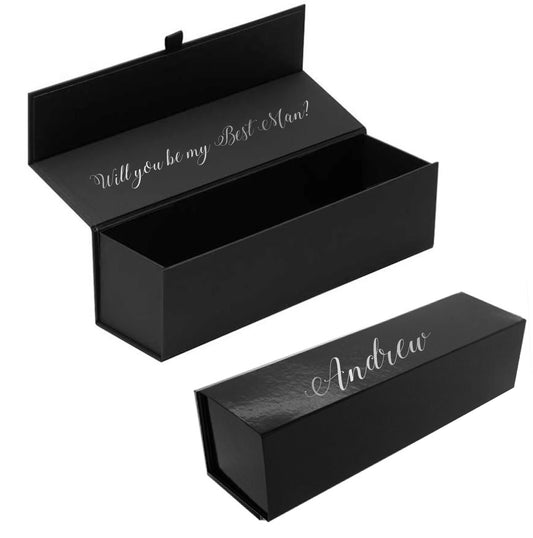 Personalised black wine bottle box silver foil name will you be my best man groomsman proposal message box champagne