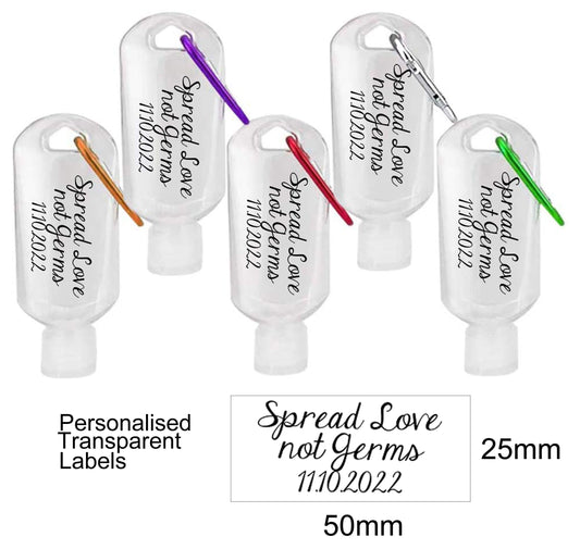 20 x spread love not germs personalised covid wedding empty sanitizer hand gel bottles wedding favour