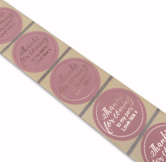 50 x 45mm round pink gold foil thanks for coming to my party personalised girls birthday labels stickers