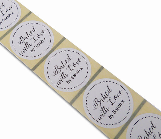 45mm personalised white baked with love sticker seals bakery, artisan stickers custom name