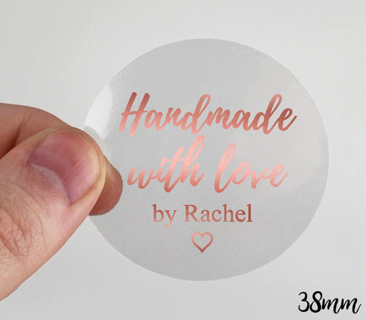 38mm personalised clear rose gold handmade with love by labels business stickers