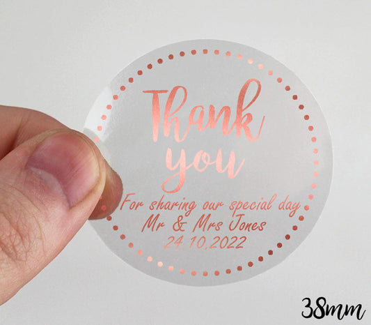 38mm personalised clear rose gold Thank you for sharing our special day wedding labels stickers