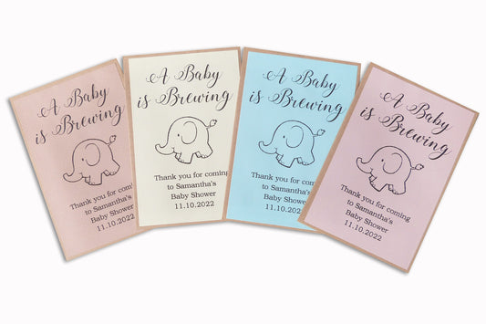 30 X A baby is brewing personalised teabag envelopes baby shower favour gift
