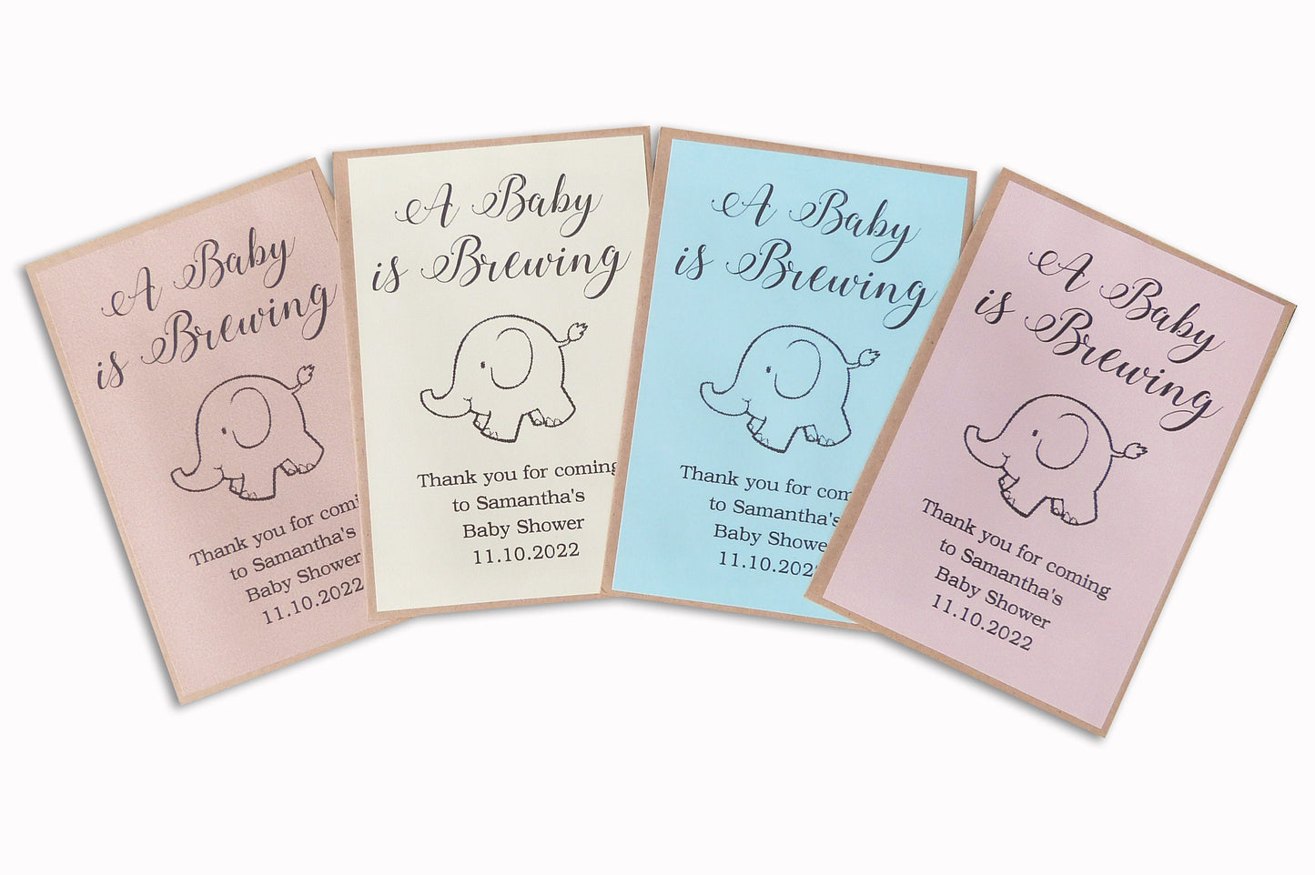 50 X A baby is brewing personalised teabag envelopes baby shower favour gift