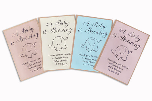 10 X A baby is brewing personalised teabag envelopes baby shower favour gift