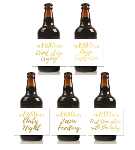 Daddy milestones vinyl beer bottle labels new dad gift white gold foil waterproof stickers