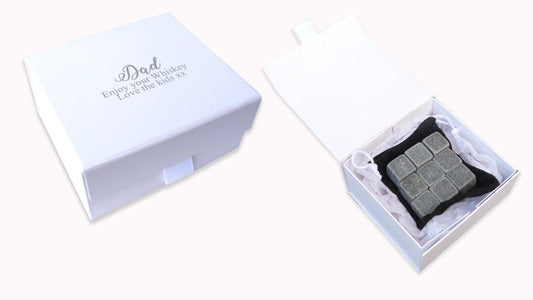 Personalised whiskey stones gift set white custom christmas gift box silver foil print