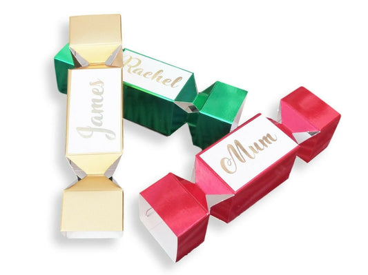 5 x Personalised shiny gold red green mixed christmas cracker box table favour gift names