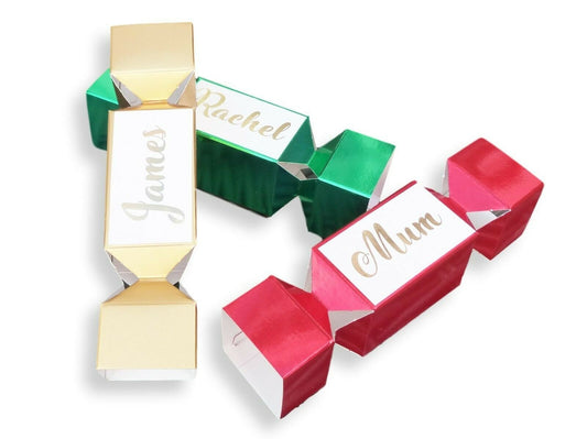 10 x Personalised shiny gold red green mixed christmas cracker box table favour gift names