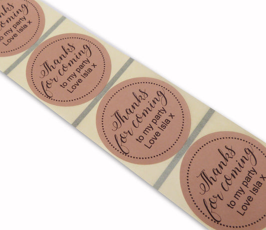 50 x 45mm round  brown thanks for coming to my party personalised birthday  labels stickers
