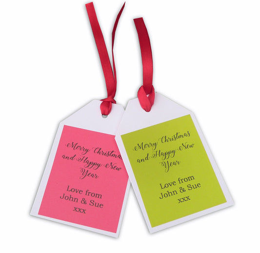 Personalised green red Christmas Gift Tags Packs 10,25,50 Luggage Label ribbon