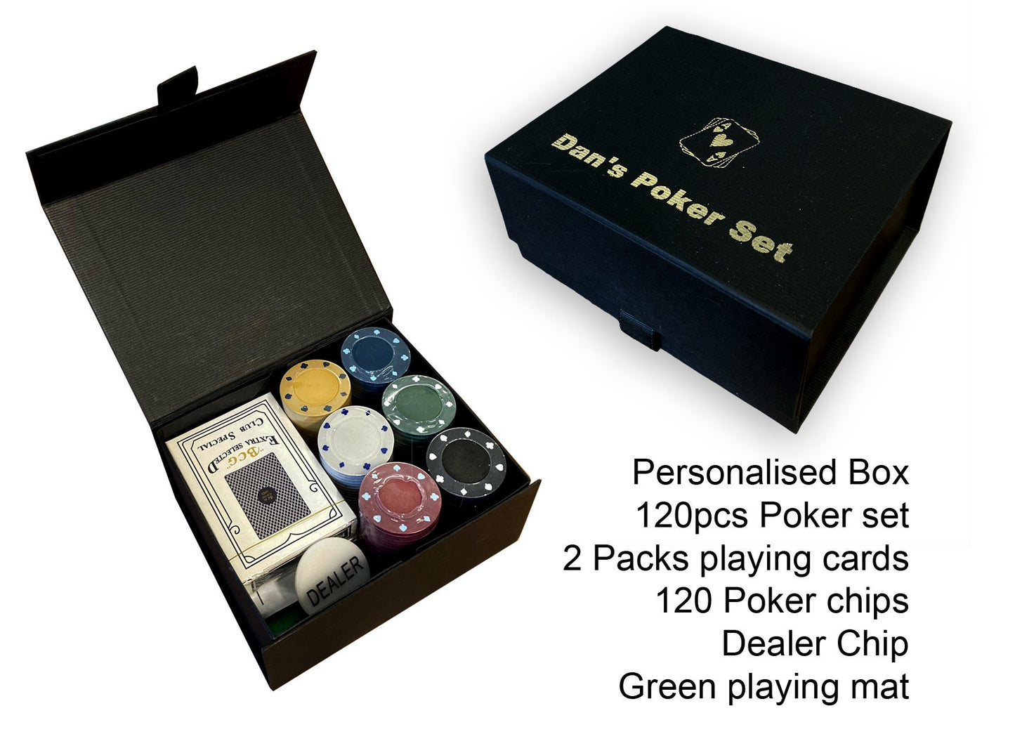 Personalised 120 pcs poker set gift gold print black birthday christmas box game