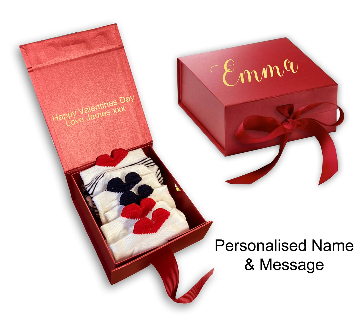 Personalised valentines day womens love heart socks gift box gold name/ message