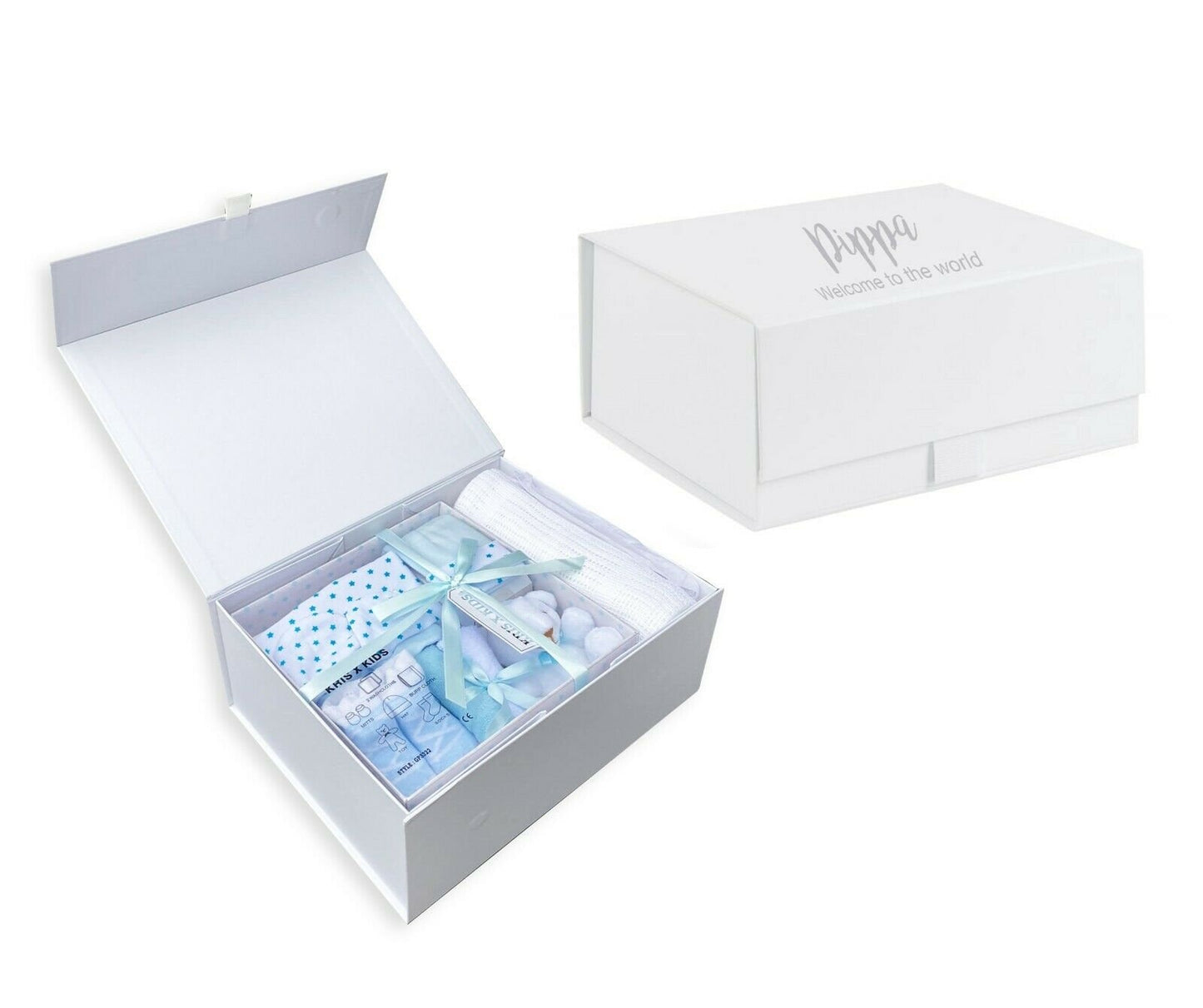 Personalised new baby boy gift keepsake custom box set 7 piece and blanket blue