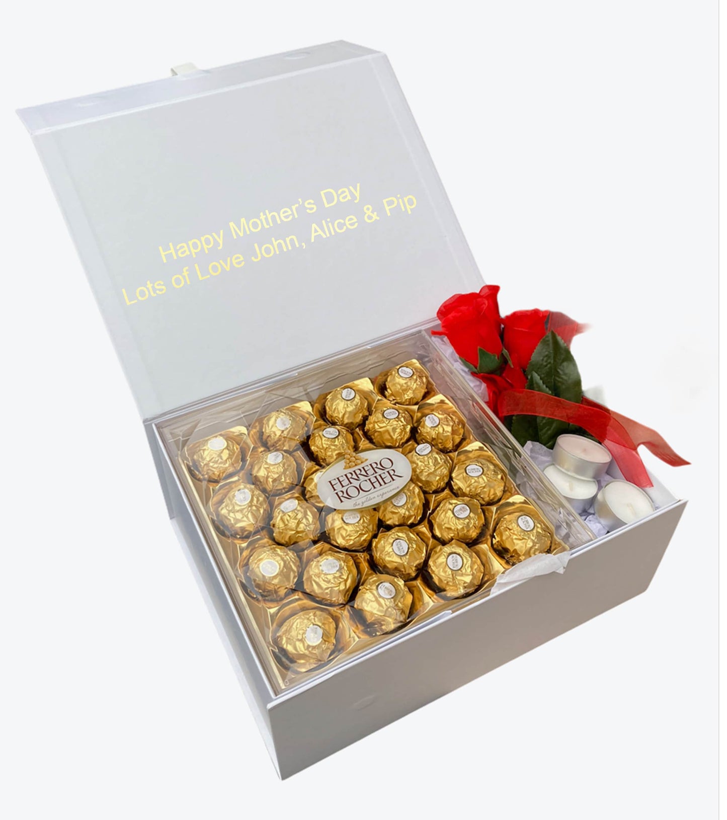 Personalised Happy mothers day Ferrero Rocher chocolate box gold foil print gift tealights rose name gift for her