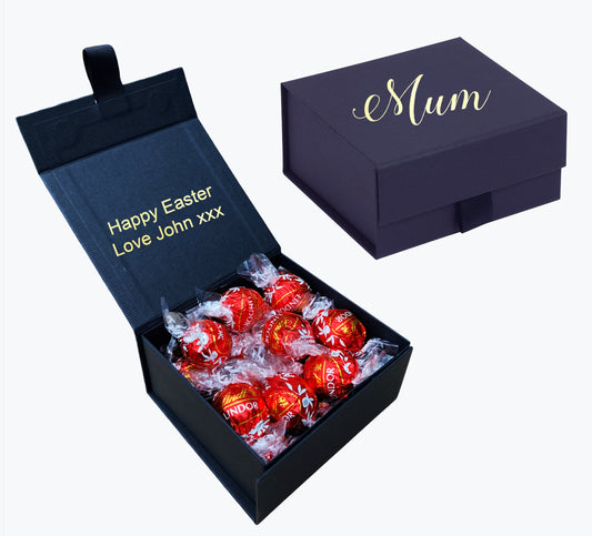 Personalised black box mothers day lindt chocolate balls gold foil print name message gift