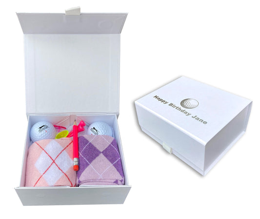 Personalised ladies golf gift box socks, balls womens custom print Christmas set