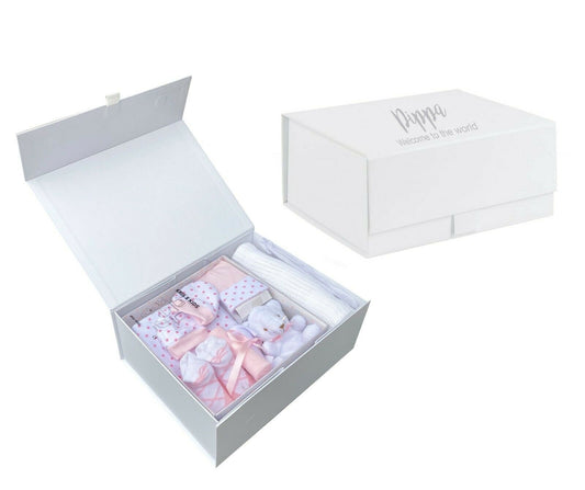 Personalised new baby girl gift keepsake custom box set 7 piece and blanket pink
