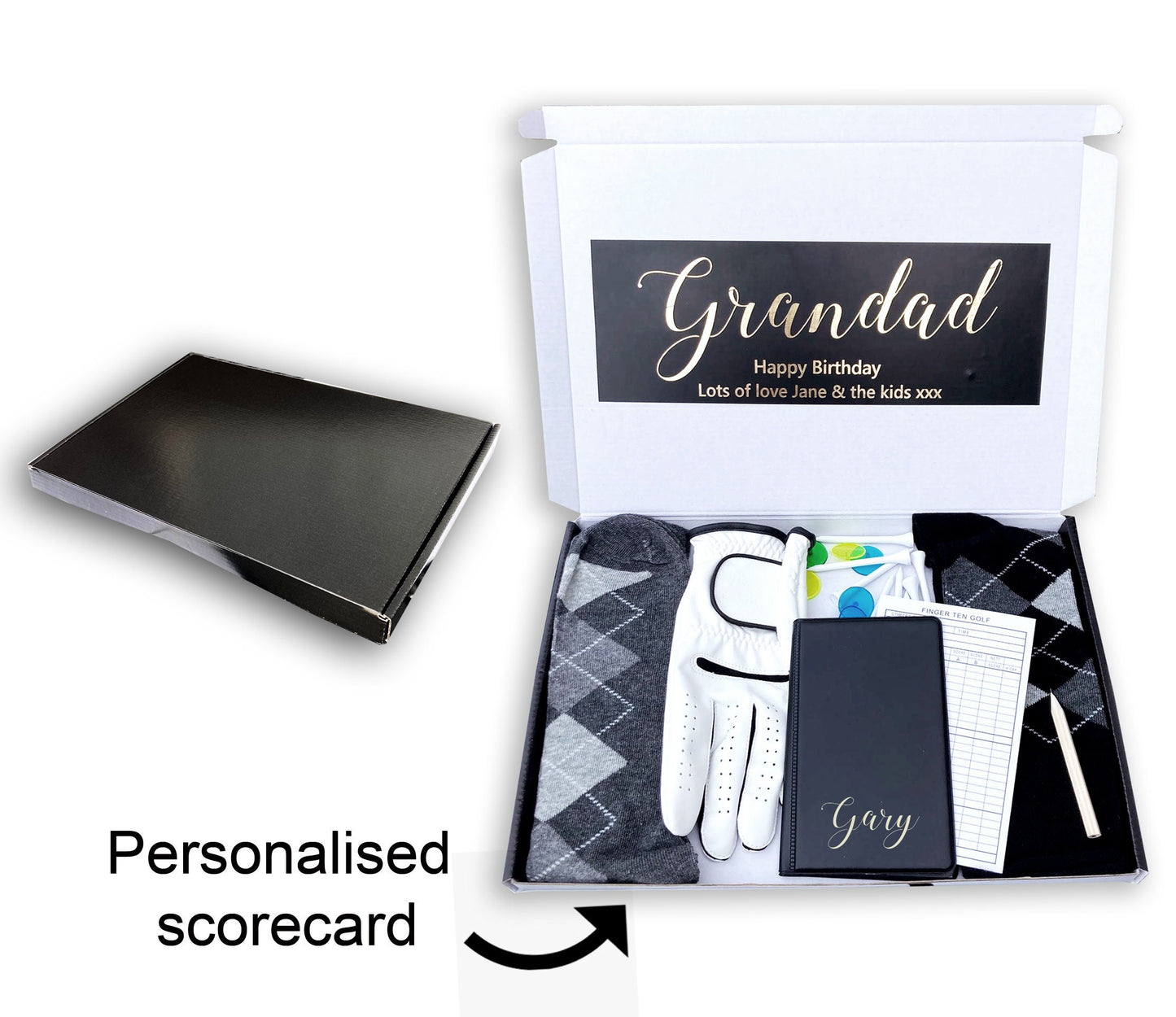 Personalised large black golf box postal gift socks scorecard glove custom name birthday box socks glove custom name