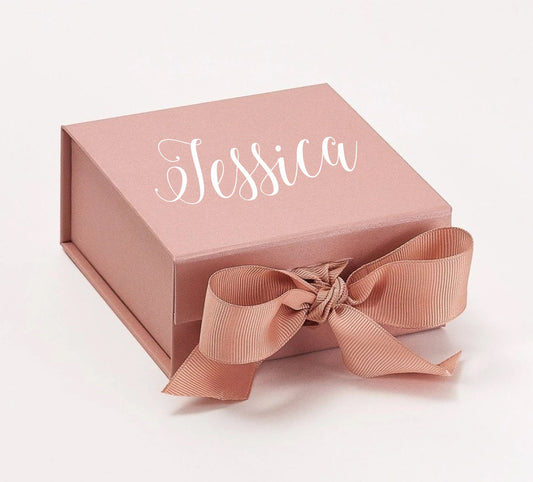 Personalised pink gift box with white printed name wedding box bridesmaid birthday with ribbon new baby